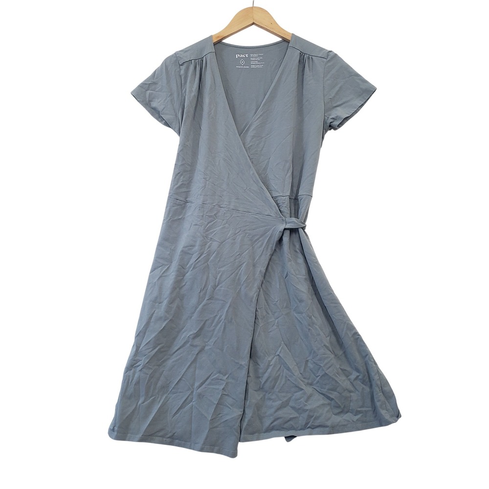Pact Wrap Dress Medium Blue Organic Cotton Short Sleeve Sustainable Minimalist